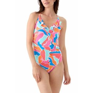 Mary Square Womens Abstract Ruffle One Piece Swimsuit Multi‎ Color V-Neck Size M